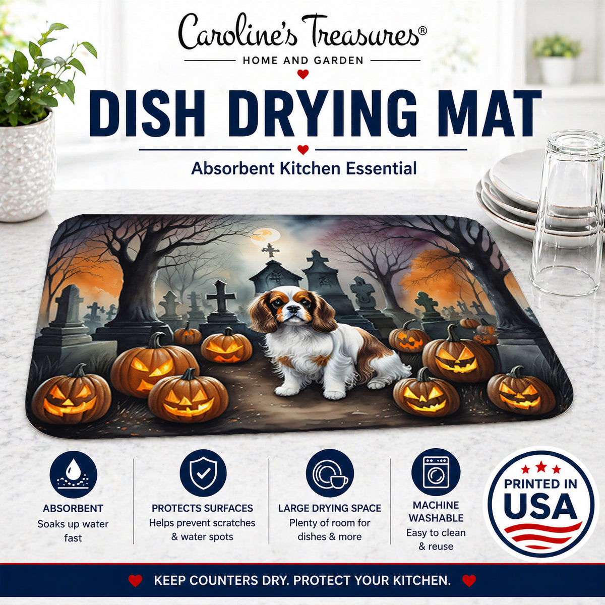 Caroline's Treasures DAC2030DDM Cavalier Spaniel Spooky Halloween Dish Drying Mat Absorbent Dish Drying Mat Pad for Kitchen Counter Dish Drainer Mat for Countertop, 14 x 21, Multicolor