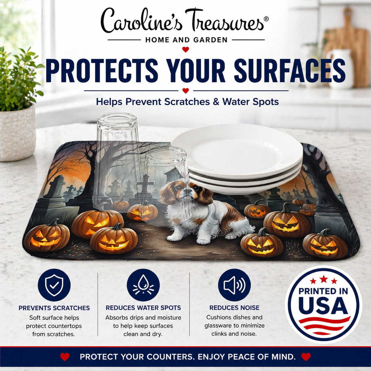 Caroline's Treasures DAC2030DDM Cavalier Spaniel Spooky Halloween Dish Drying Mat Absorbent Dish Drying Mat Pad for Kitchen Counter Dish Drainer Mat for Countertop, 14 x 21, Multicolor