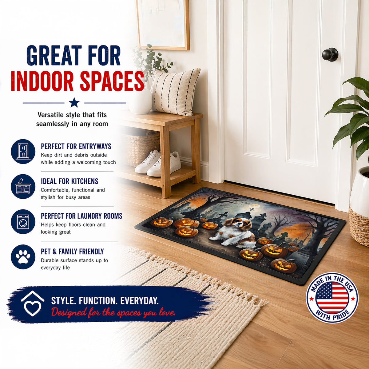 Caroline's Treasures DAC2030JMAT Cavalier Spaniel Spooky Halloween Indoor or Outdoor Mat 24x36 Front Door Mat Indoor Outdoor Rugs for Entryway, Non Slip Washable Low Pile, 24H X 36W