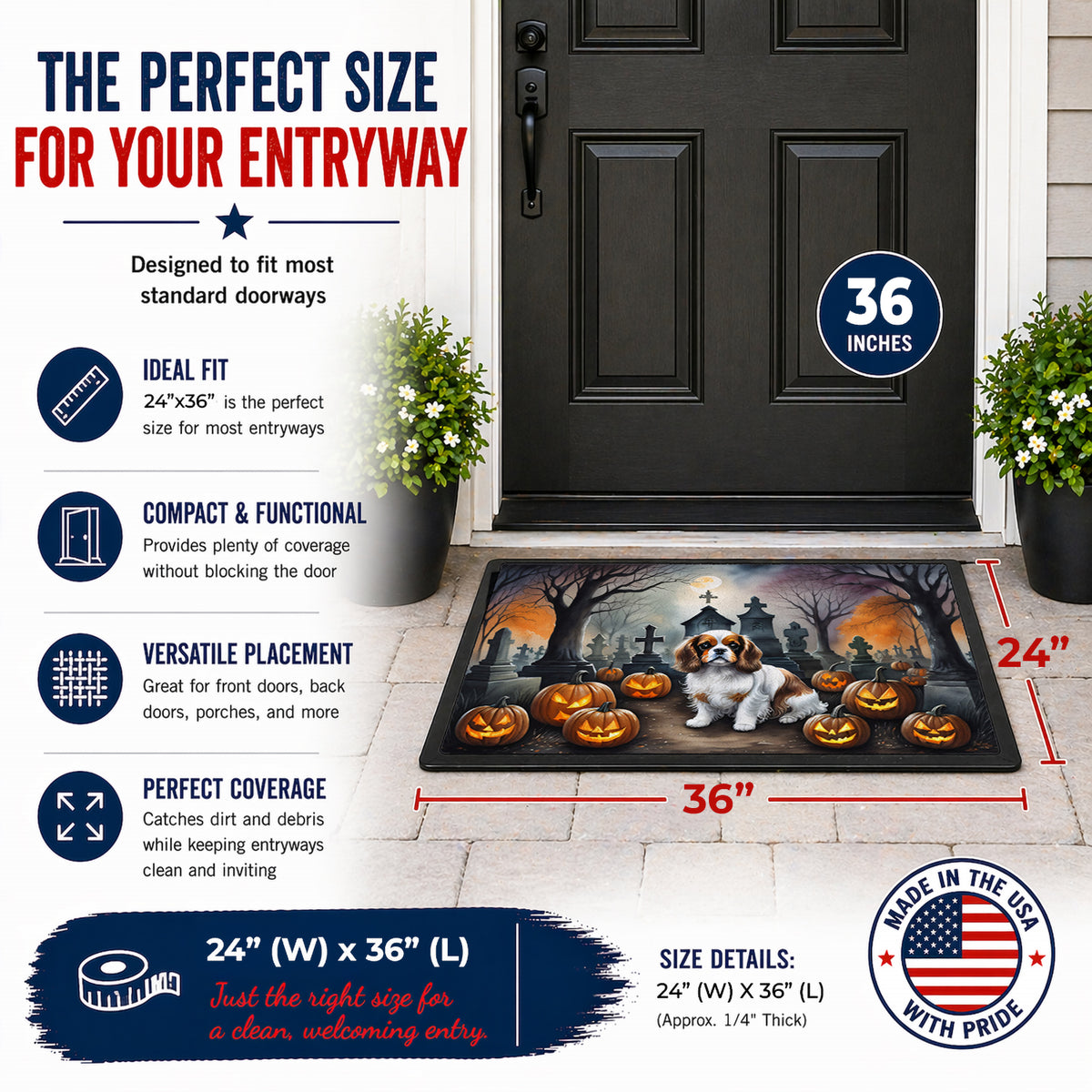 Caroline's Treasures DAC2030JMAT Cavalier Spaniel Spooky Halloween Indoor or Outdoor Mat 24x36 Front Door Mat Indoor Outdoor Rugs for Entryway, Non Slip Washable Low Pile, 24H X 36W