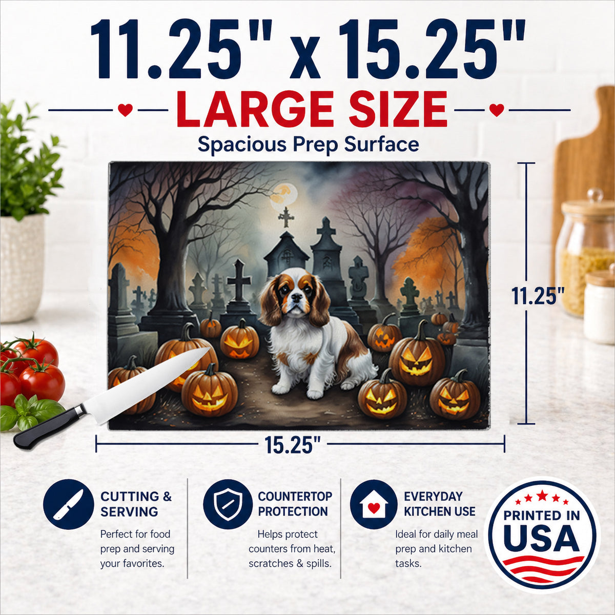 Caroline's Treasures DAC2030LCB Cavalier Spaniel Spooky Halloween Glass Cutting Board Large Decorative Tempered Glass Kitchen Cutting and Serving Board Large Size Chopping Board