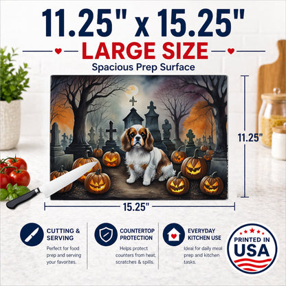 Caroline's Treasures DAC2030LCB Cavalier Spaniel Spooky Halloween Glass Cutting Board Large Decorative Tempered Glass Kitchen Cutting and Serving Board Large Size Chopping Board