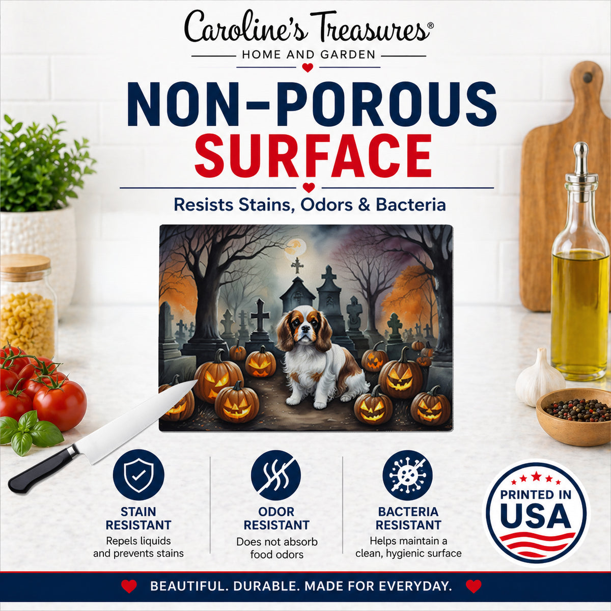 Caroline's Treasures DAC2030LCB Cavalier Spaniel Spooky Halloween Glass Cutting Board Large Decorative Tempered Glass Kitchen Cutting and Serving Board Large Size Chopping Board