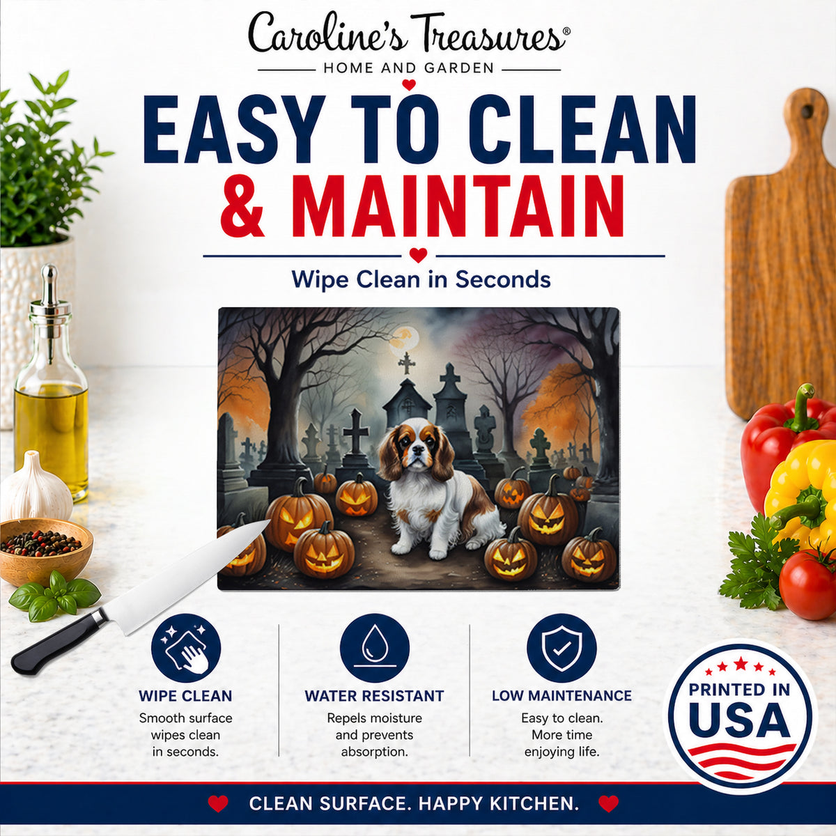 Caroline's Treasures DAC2030LCB Cavalier Spaniel Spooky Halloween Glass Cutting Board Large Decorative Tempered Glass Kitchen Cutting and Serving Board Large Size Chopping Board