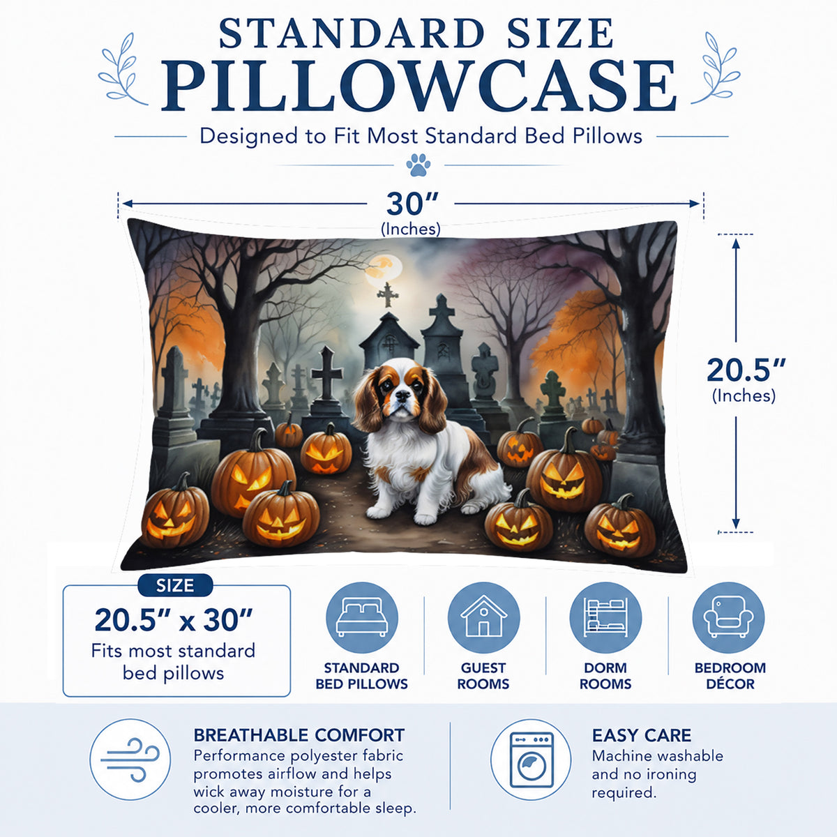 Caroline's Treasures DAC2030PILLOWCASE Cavalier Spaniel Spooky Halloween Fabric Standard Pillowcase Lightweight Super Soft Easy Care Decorative Artwork Pillowcase, Standard