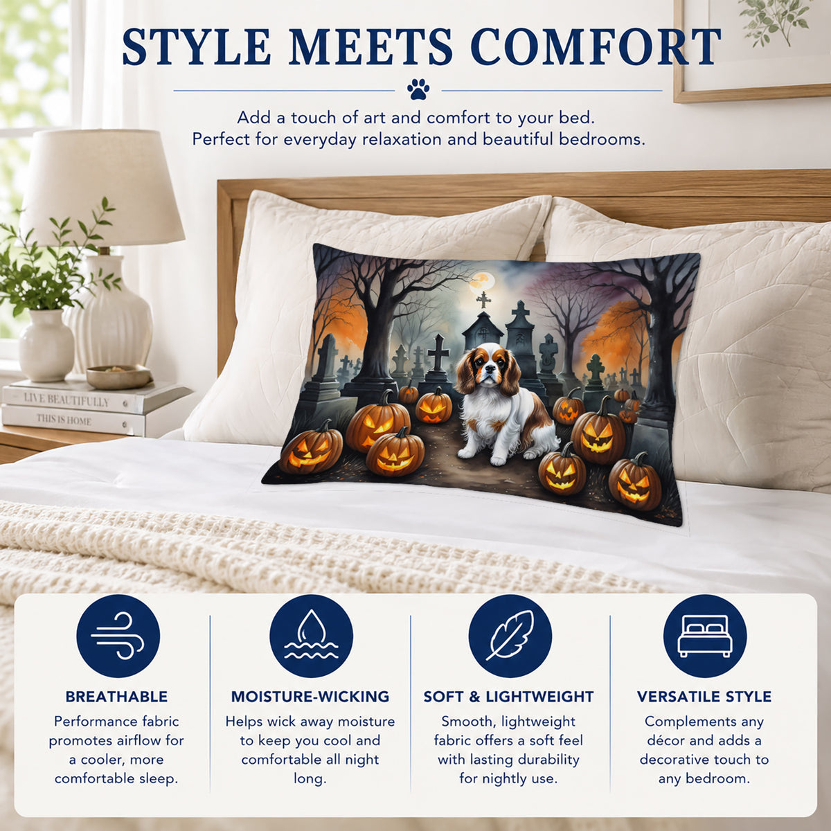 Caroline's Treasures DAC2030PILLOWCASE Cavalier Spaniel Spooky Halloween Fabric Standard Pillowcase Lightweight Super Soft Easy Care Decorative Artwork Pillowcase, Standard