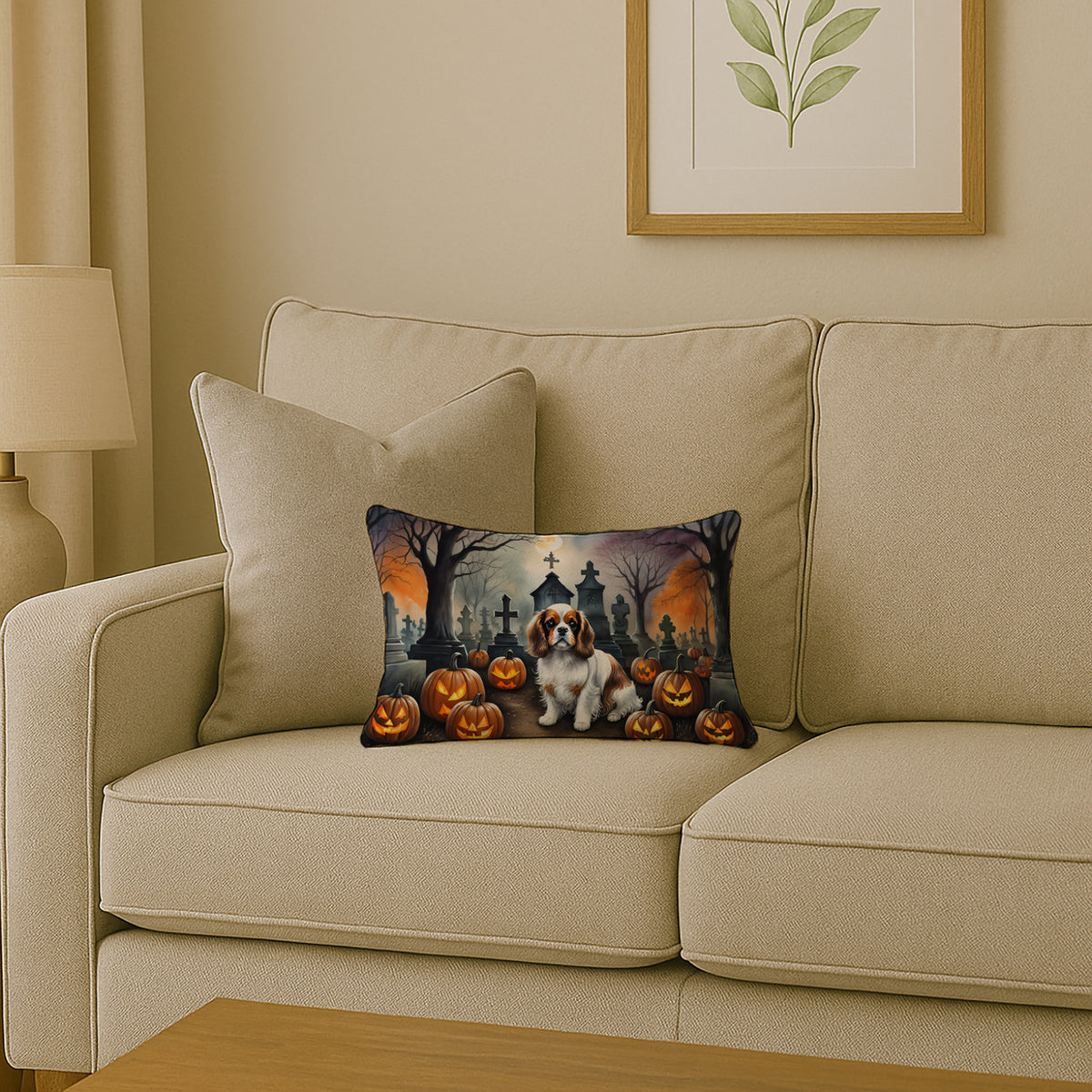 Caroline's Treasures DAC2030PW1216 Cavalier Spaniel Spooky Halloween Fabric Decorative Pillow Machine Washable, Indoor Outdoor Decorative Pillow for Couch, Bed or Patio, 12HX16W