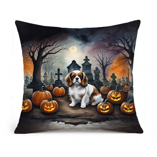 Caroline's Treasures DAC2030PW1414 Cavalier Spaniel Spooky Halloween Fabric Decorative Pillow Machine Washable, Indoor Outdoor Decorative Pillow for Couch, Bed or Patio, 14Hx14W
