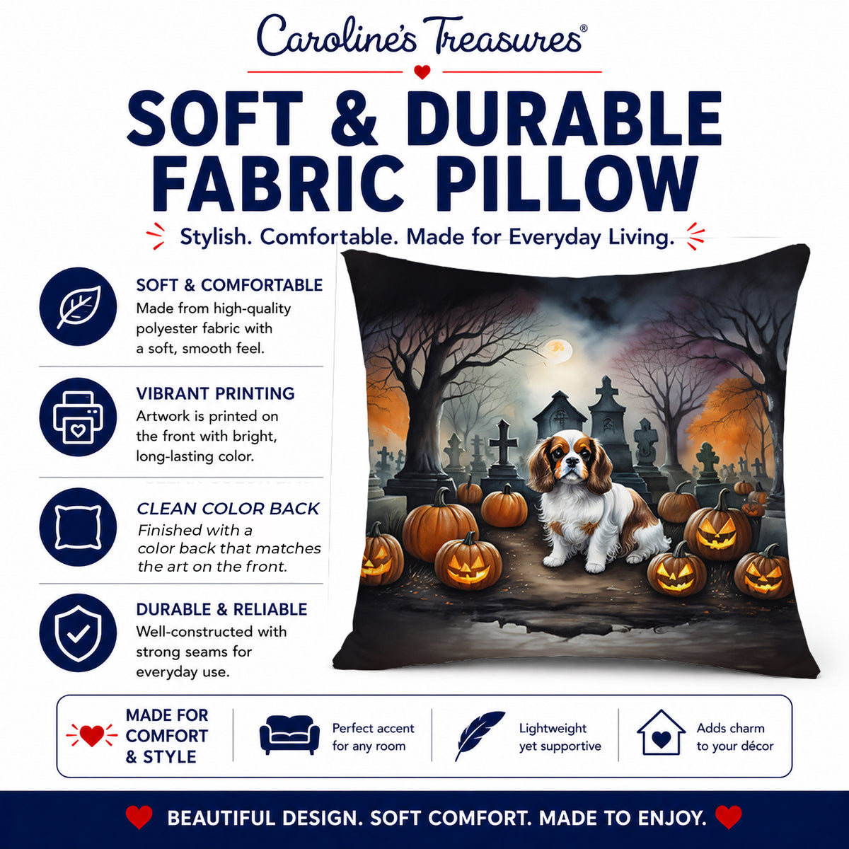 Caroline's Treasures DAC2030PW1414 Cavalier Spaniel Spooky Halloween Fabric Decorative Pillow Machine Washable, Indoor Outdoor Decorative Pillow for Couch, Bed or Patio, 14Hx14W