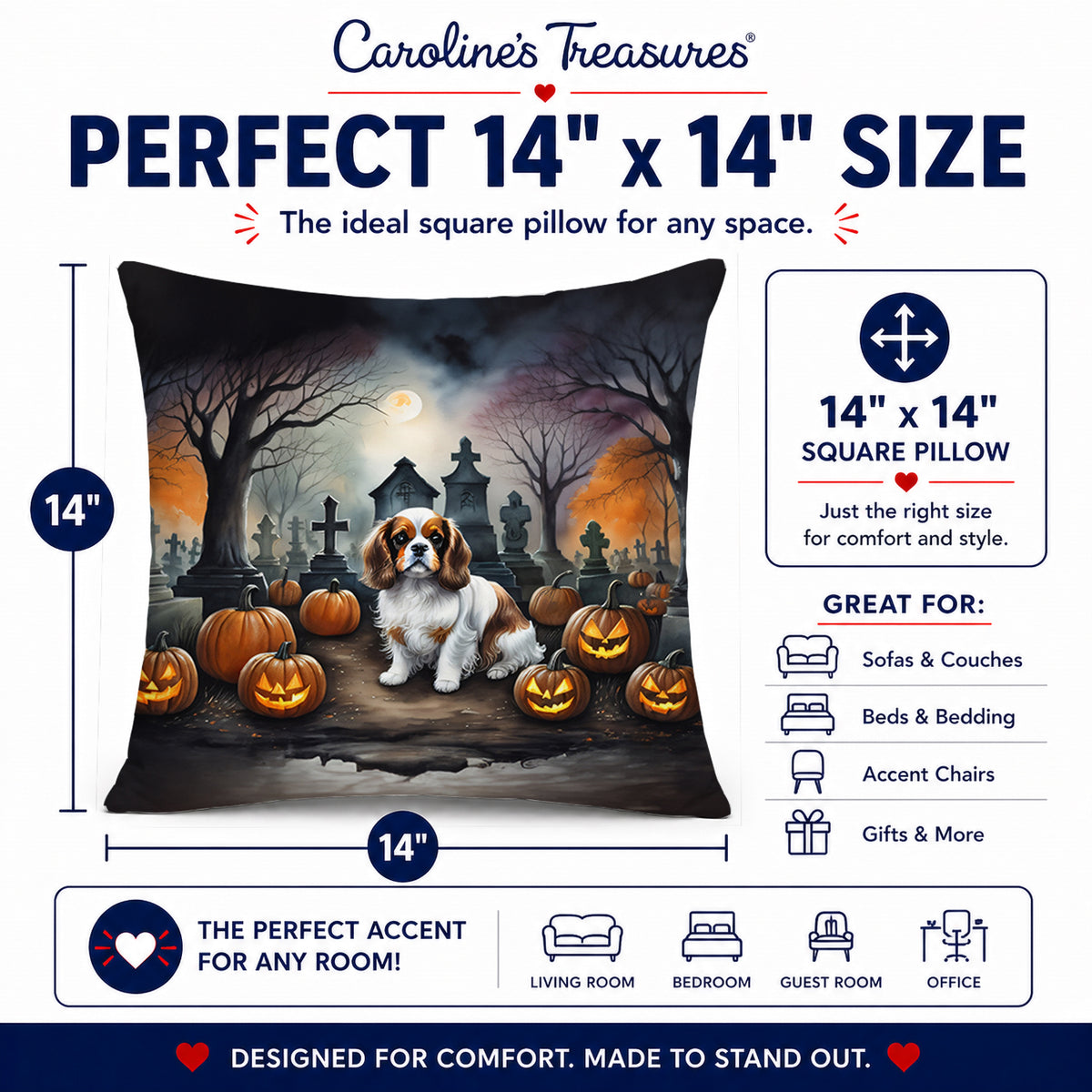 Caroline's Treasures DAC2030PW1414 Cavalier Spaniel Spooky Halloween Fabric Decorative Pillow Machine Washable, Indoor Outdoor Decorative Pillow for Couch, Bed or Patio, 14Hx14W