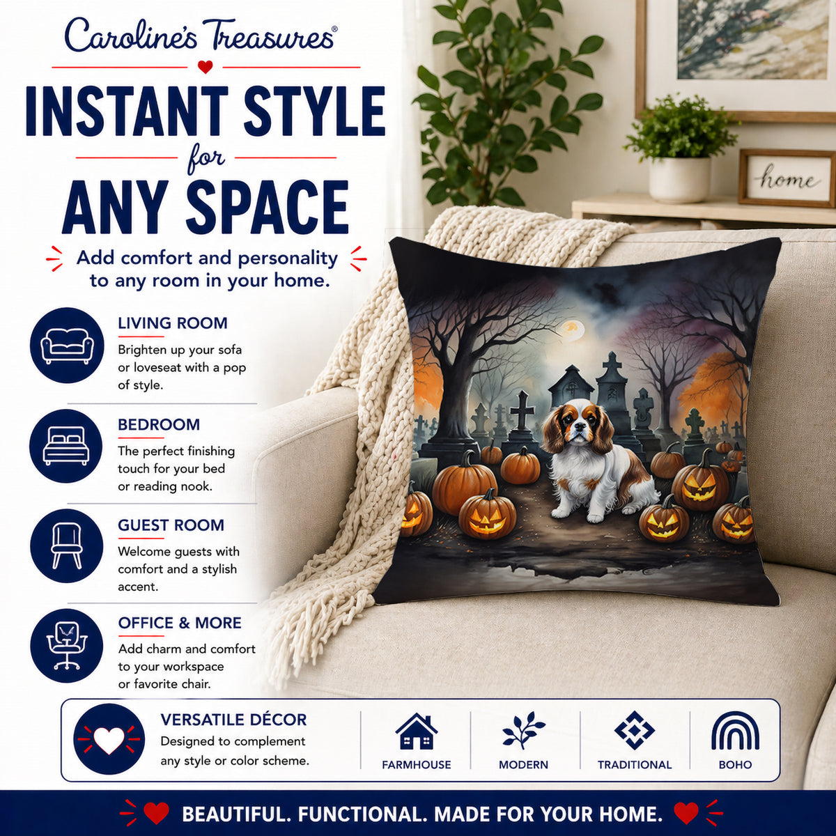Caroline's Treasures DAC2030PW1414 Cavalier Spaniel Spooky Halloween Fabric Decorative Pillow Machine Washable, Indoor Outdoor Decorative Pillow for Couch, Bed or Patio, 14Hx14W