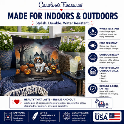 Caroline's Treasures DAC2030PW1414 Cavalier Spaniel Spooky Halloween Fabric Decorative Pillow Machine Washable, Indoor Outdoor Decorative Pillow for Couch, Bed or Patio, 14Hx14W