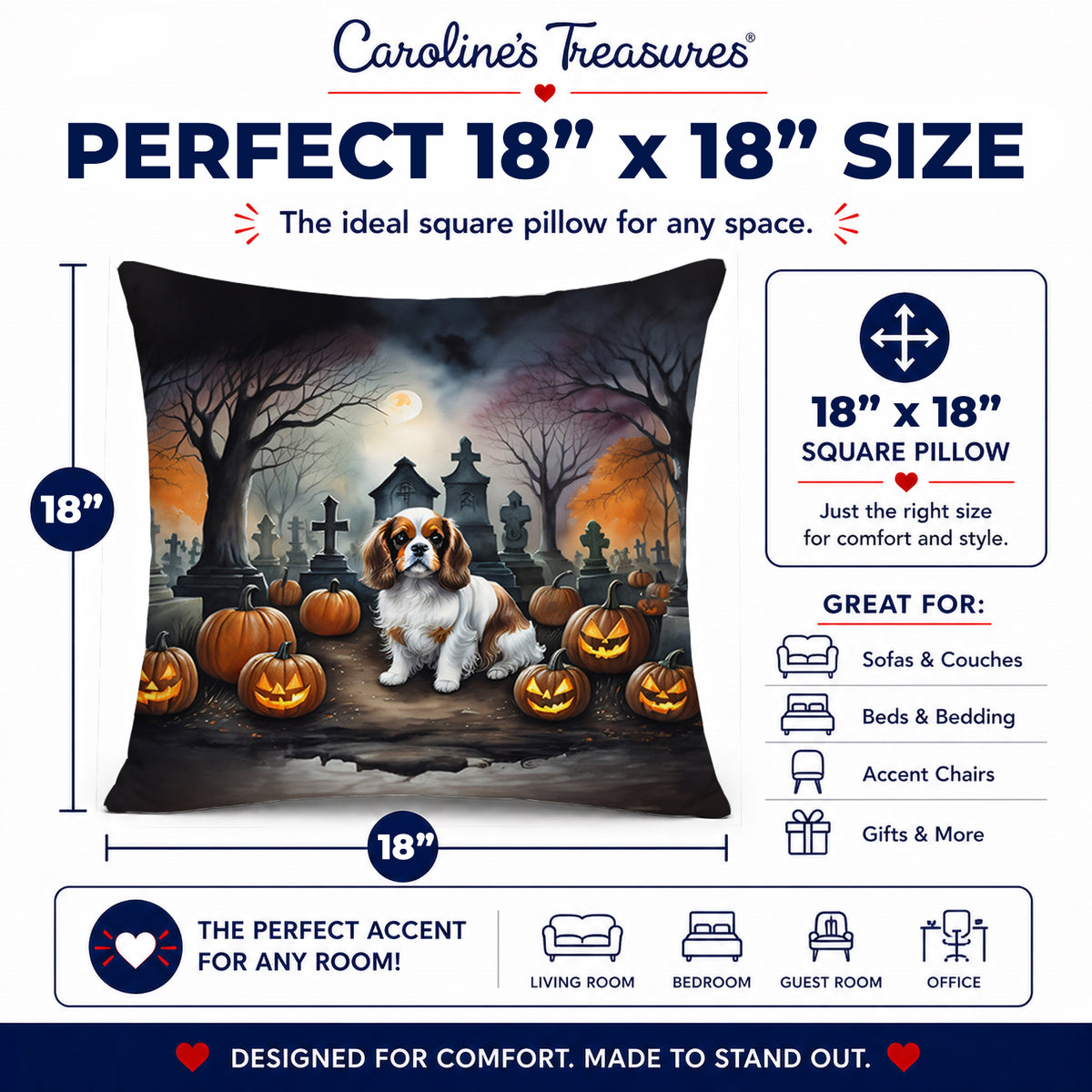 Caroline's Treasures DAC2030PW1818 Cavalier Spaniel Spooky Halloween Fabric Decorative Pillow Machine Washable, Indoor Outdoor Decorative Pillow for Couch, Bed or Patio, 18Hx18W