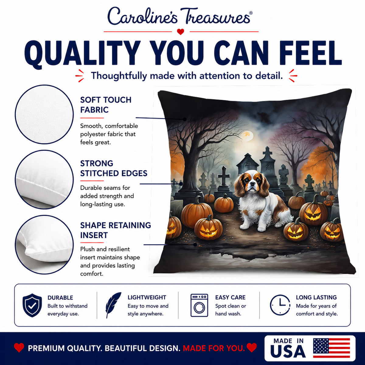Caroline's Treasures DAC2030PW1818 Cavalier Spaniel Spooky Halloween Fabric Decorative Pillow Machine Washable, Indoor Outdoor Decorative Pillow for Couch, Bed or Patio, 18Hx18W