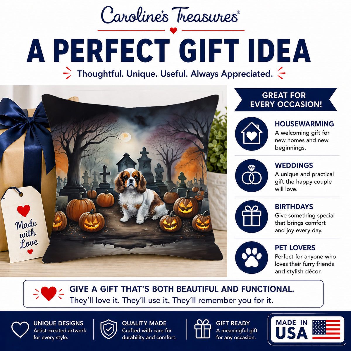 Caroline's Treasures DAC2030PW1818 Cavalier Spaniel Spooky Halloween Fabric Decorative Pillow Machine Washable, Indoor Outdoor Decorative Pillow for Couch, Bed or Patio, 18Hx18W