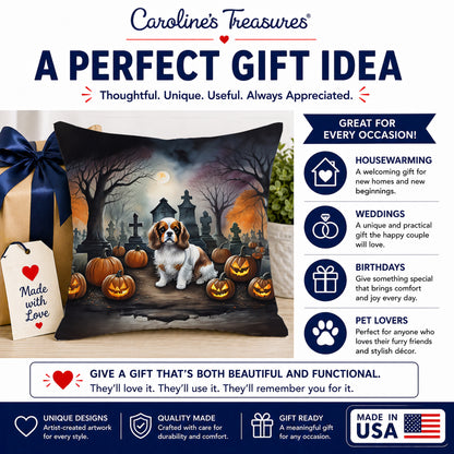 Caroline's Treasures DAC2030PW1818 Cavalier Spaniel Spooky Halloween Fabric Decorative Pillow Machine Washable, Indoor Outdoor Decorative Pillow for Couch, Bed or Patio, 18Hx18W