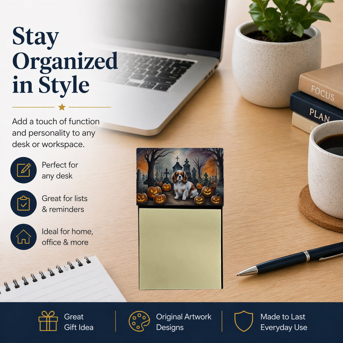 Caroline's Treasures Cavalier Spaniel Spooky Halloween Sticky Note Holder Refillable Dispenser Self-Sticky Note Pads, Memo Pads Blank Desk Accessories