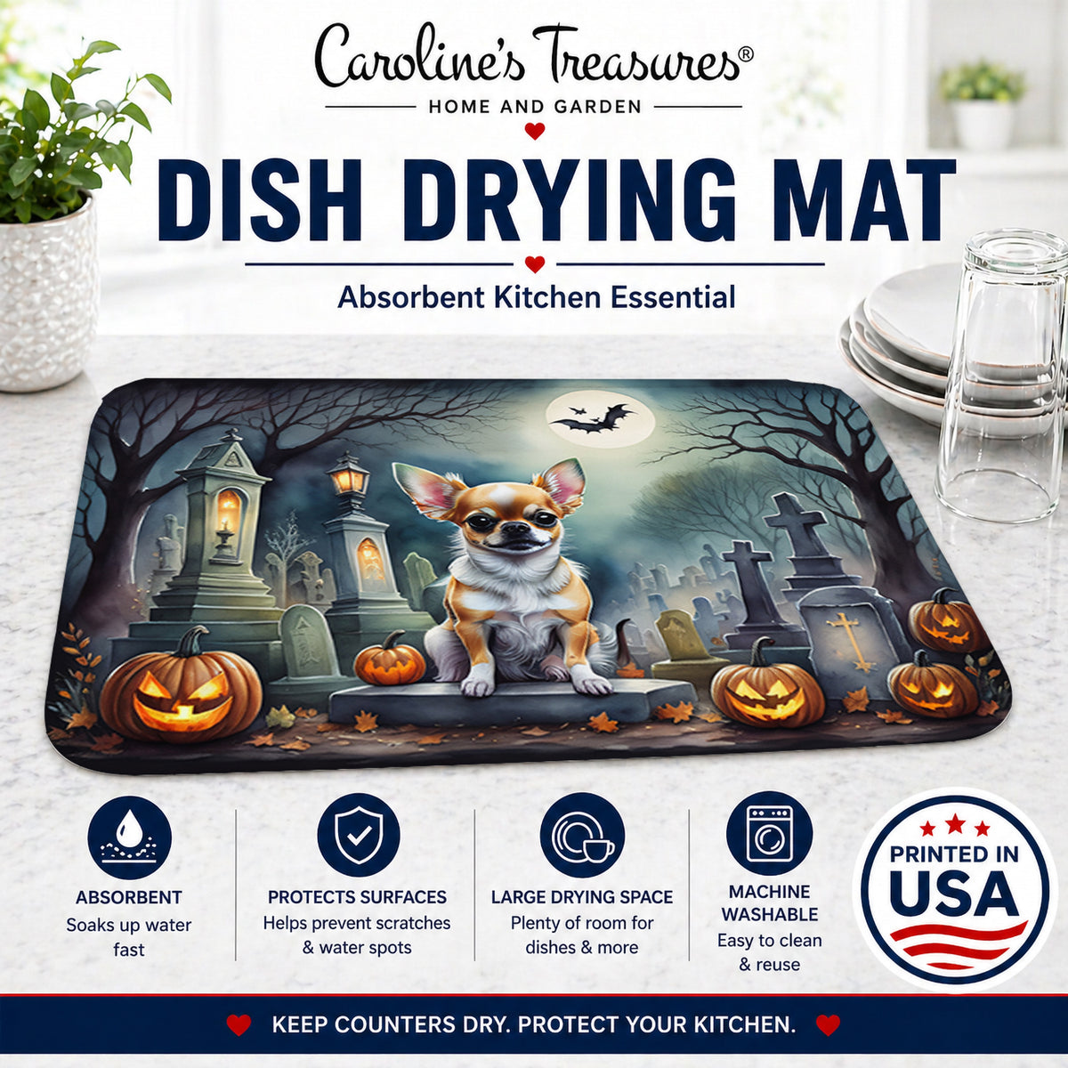 Caroline's Treasures DAC2031DDM Chihuahua Spooky Halloween Dish Drying Mat Absorbent Dish Drying Mat Pad for Kitchen Counter Dish Drainer Mat for Countertop, 14 x 21, Multicolor