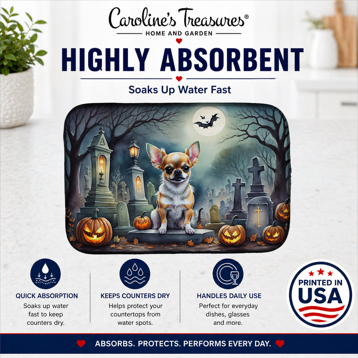 Caroline's Treasures DAC2031DDM Chihuahua Spooky Halloween Dish Drying Mat Absorbent Dish Drying Mat Pad for Kitchen Counter Dish Drainer Mat for Countertop, 14 x 21, Multicolor