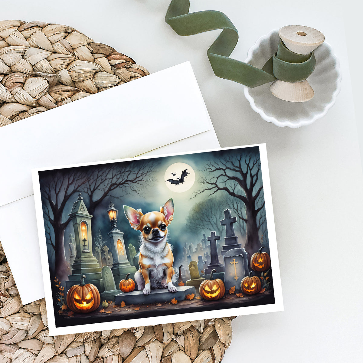 Caroline's Treasures DAC2031GCA7P Chihuahua Spooky Halloween Greeting Cards and Envelopes Pack of 8 Blank Cards with Envelopes Whimsical A7 Size 5x7 Blank Greeting Cards
