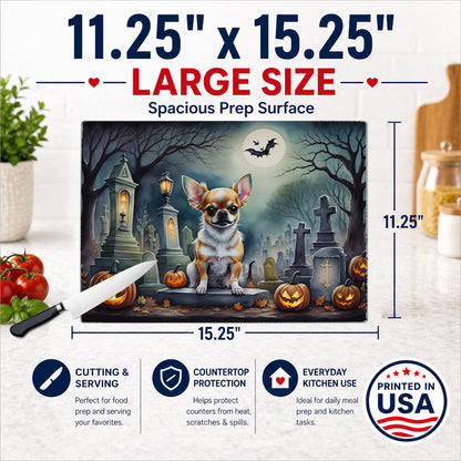 Caroline's Treasures DAC2031LCB Chihuahua Spooky Halloween Glass Cutting Board Large Decorative Tempered Glass Kitchen Cutting and Serving Board Large Size Chopping Board