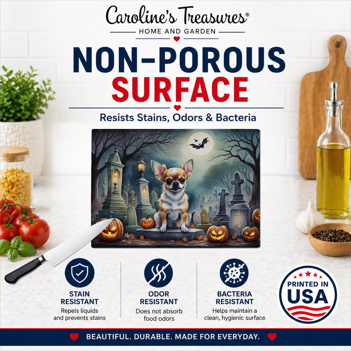 Caroline's Treasures DAC2031LCB Chihuahua Spooky Halloween Glass Cutting Board Large Decorative Tempered Glass Kitchen Cutting and Serving Board Large Size Chopping Board