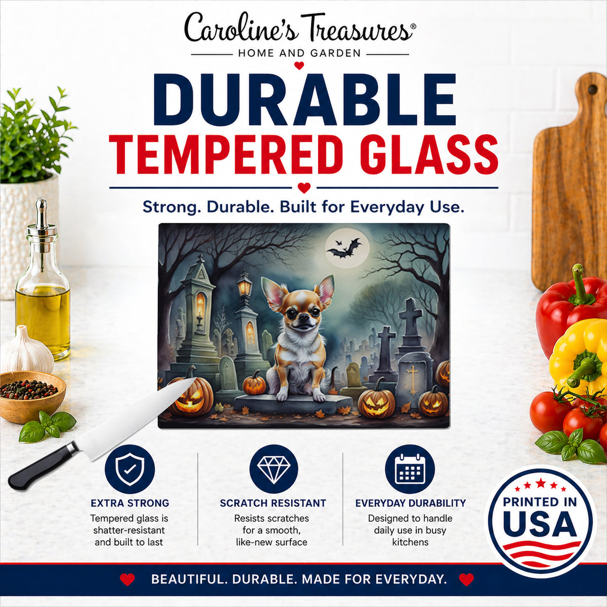 Caroline's Treasures DAC2031LCB Chihuahua Spooky Halloween Glass Cutting Board Large Decorative Tempered Glass Kitchen Cutting and Serving Board Large Size Chopping Board