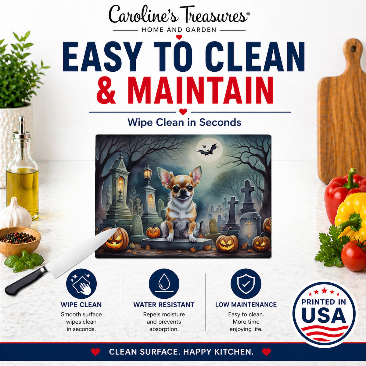 Caroline's Treasures DAC2031LCB Chihuahua Spooky Halloween Glass Cutting Board Large Decorative Tempered Glass Kitchen Cutting and Serving Board Large Size Chopping Board