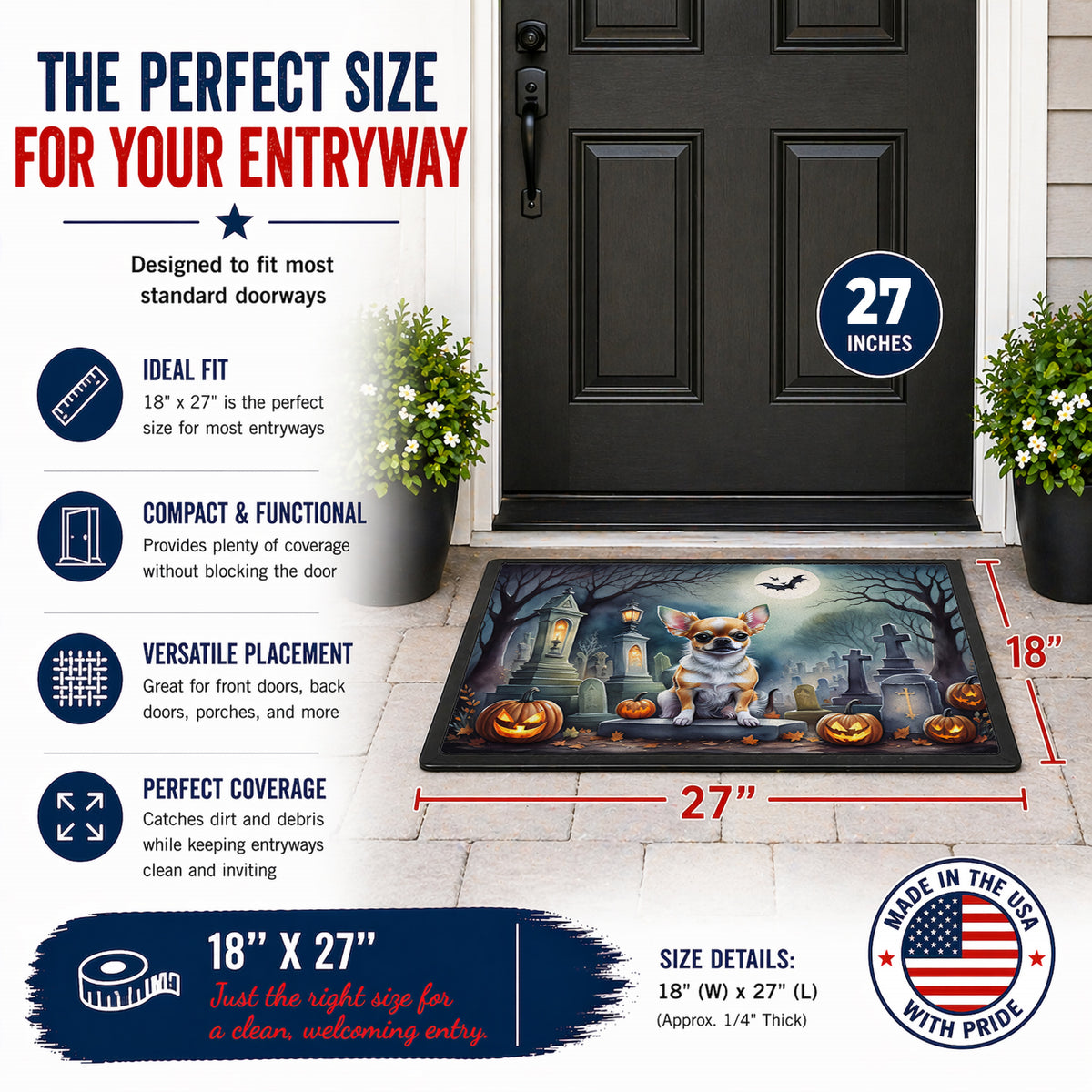 Caroline's Treasures DAC2031MAT Chihuahua Spooky Halloween Doormat 18x27 Front Door Mat Indoor Outdoor Rugs for Entryway, Non Slip Washable Low Pile, 18H X 27W