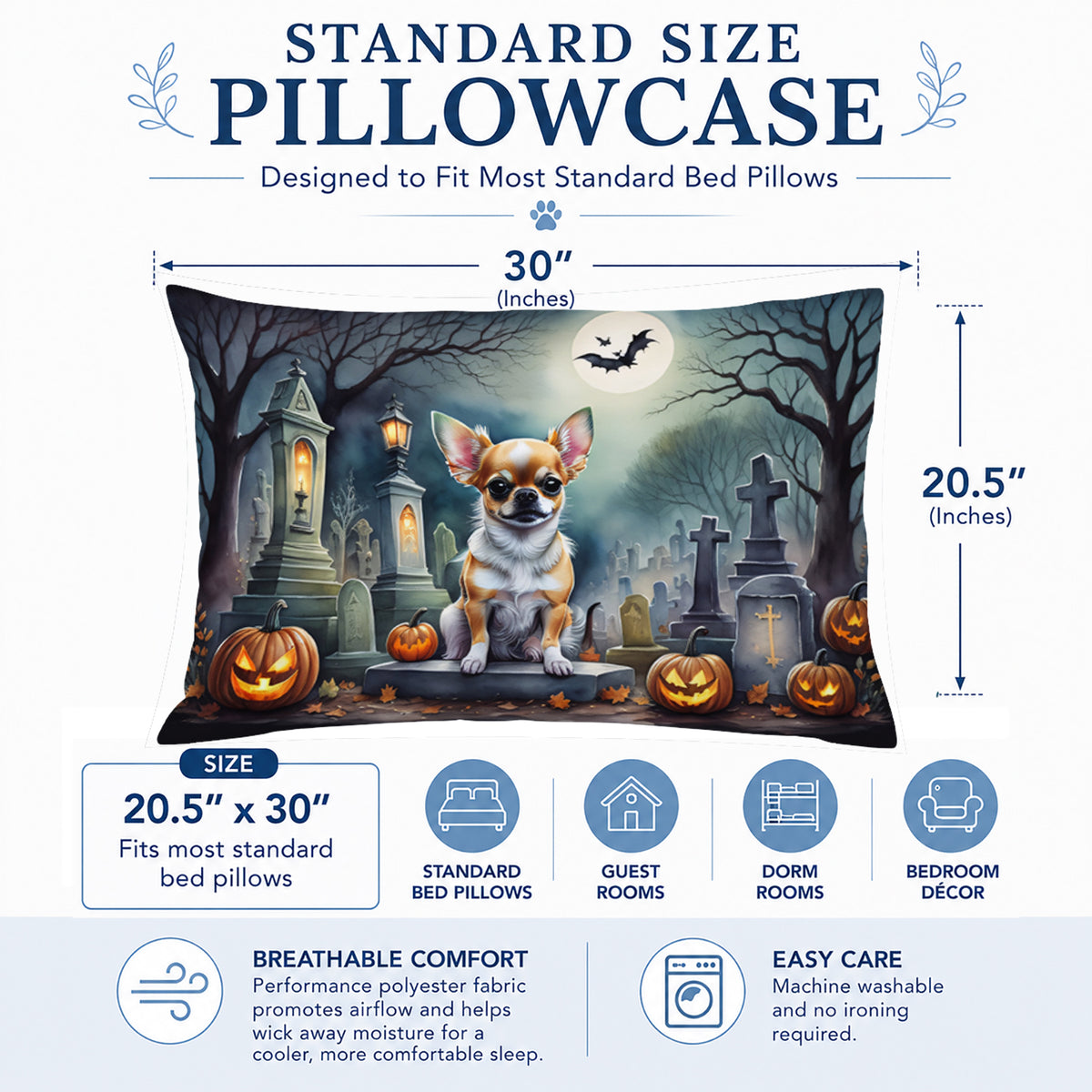 Caroline's Treasures DAC2031PILLOWCASE Chihuahua Spooky Halloween Fabric Standard Pillowcase Lightweight Super Soft Easy Care Decorative Artwork Pillowcase, Standard
