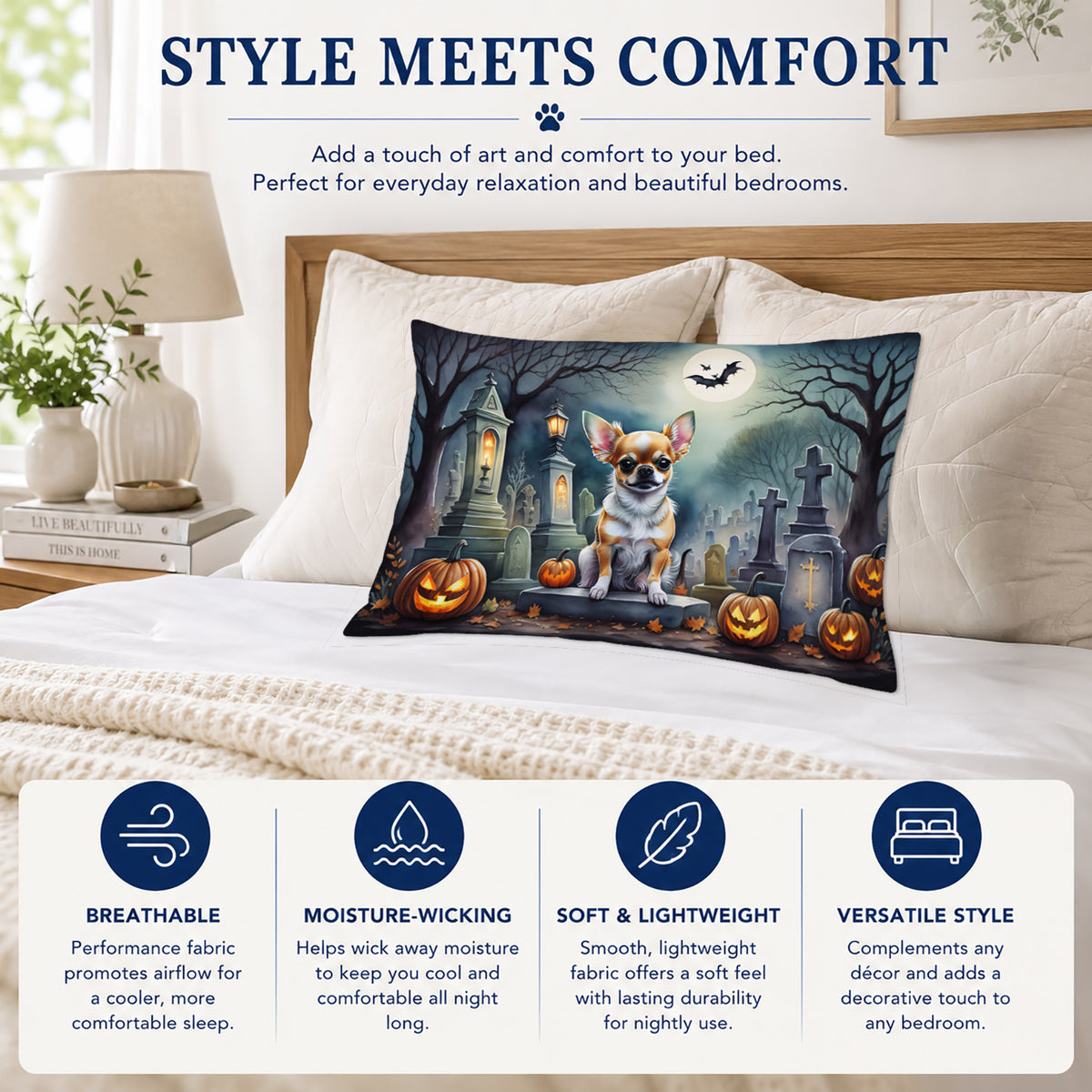 Caroline's Treasures DAC2031PILLOWCASE Chihuahua Spooky Halloween Fabric Standard Pillowcase Lightweight Super Soft Easy Care Decorative Artwork Pillowcase, Standard