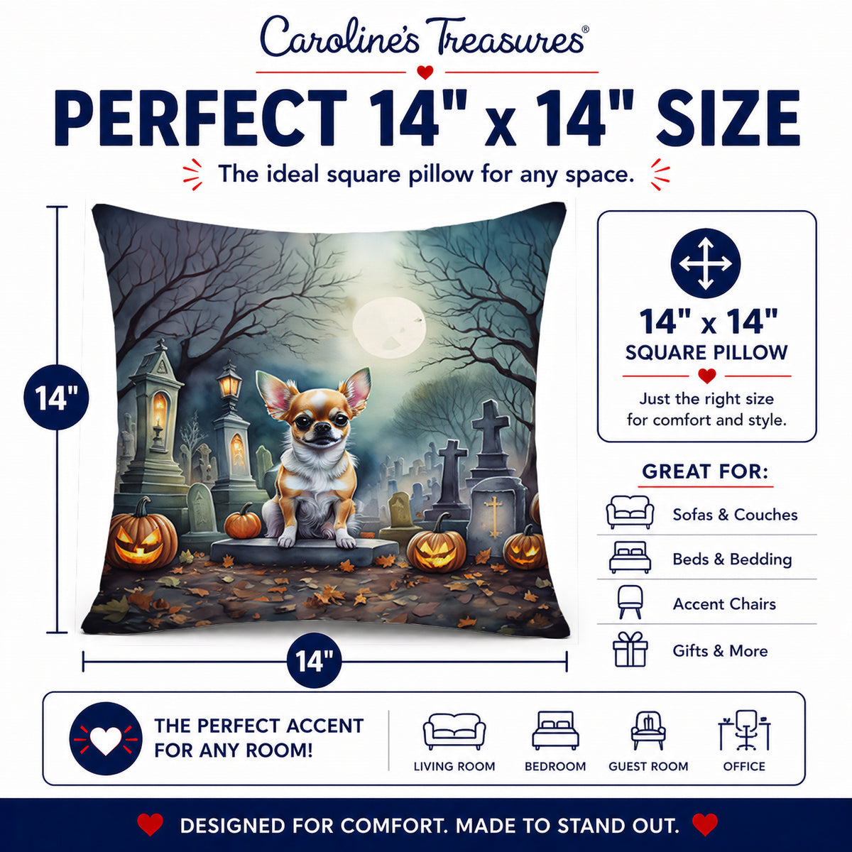 Caroline's Treasures DAC2031PW1414 Chihuahua Spooky Halloween Fabric Decorative Pillow Machine Washable, Indoor Outdoor Decorative Pillow for Couch, Bed or Patio, 14Hx14W
