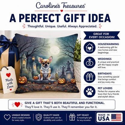 Caroline's Treasures DAC2031PW1414 Chihuahua Spooky Halloween Fabric Decorative Pillow Machine Washable, Indoor Outdoor Decorative Pillow for Couch, Bed or Patio, 14Hx14W