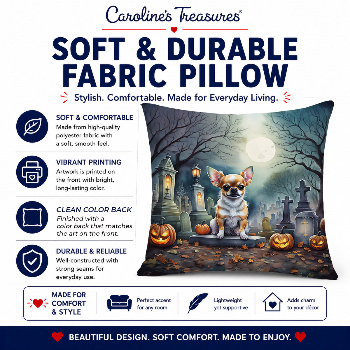 Caroline's Treasures DAC2031PW1818 Chihuahua Spooky Halloween Fabric Decorative Pillow Machine Washable, Indoor Outdoor Decorative Pillow for Couch, Bed or Patio, 18Hx18W