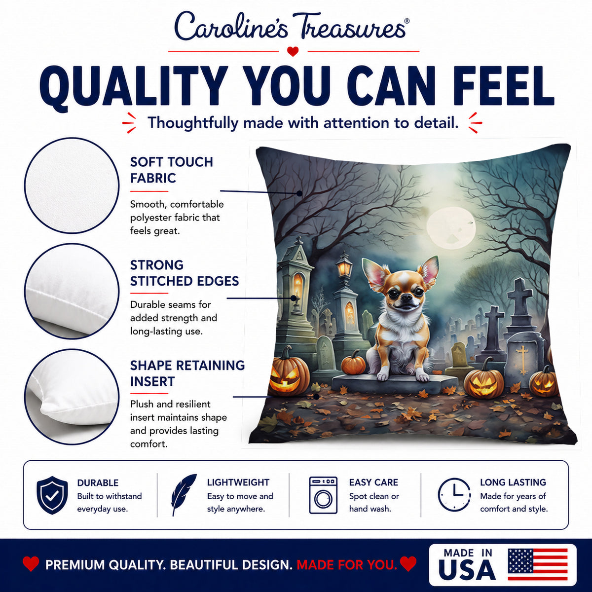 Caroline's Treasures DAC2031PW1818 Chihuahua Spooky Halloween Fabric Decorative Pillow Machine Washable, Indoor Outdoor Decorative Pillow for Couch, Bed or Patio, 18Hx18W