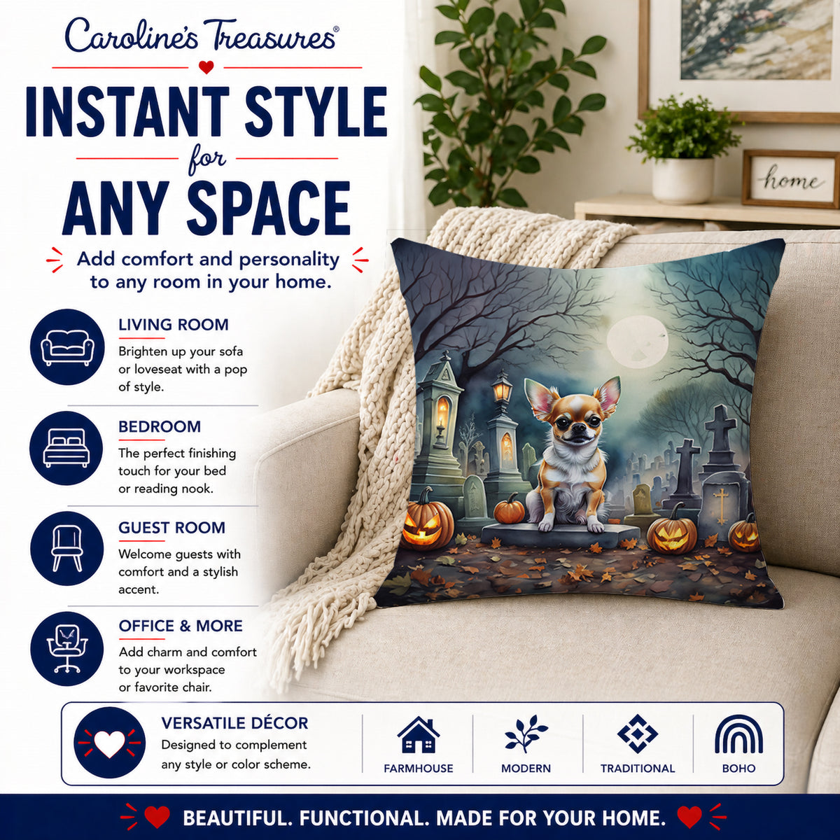 Caroline's Treasures DAC2031PW1818 Chihuahua Spooky Halloween Fabric Decorative Pillow Machine Washable, Indoor Outdoor Decorative Pillow for Couch, Bed or Patio, 18Hx18W