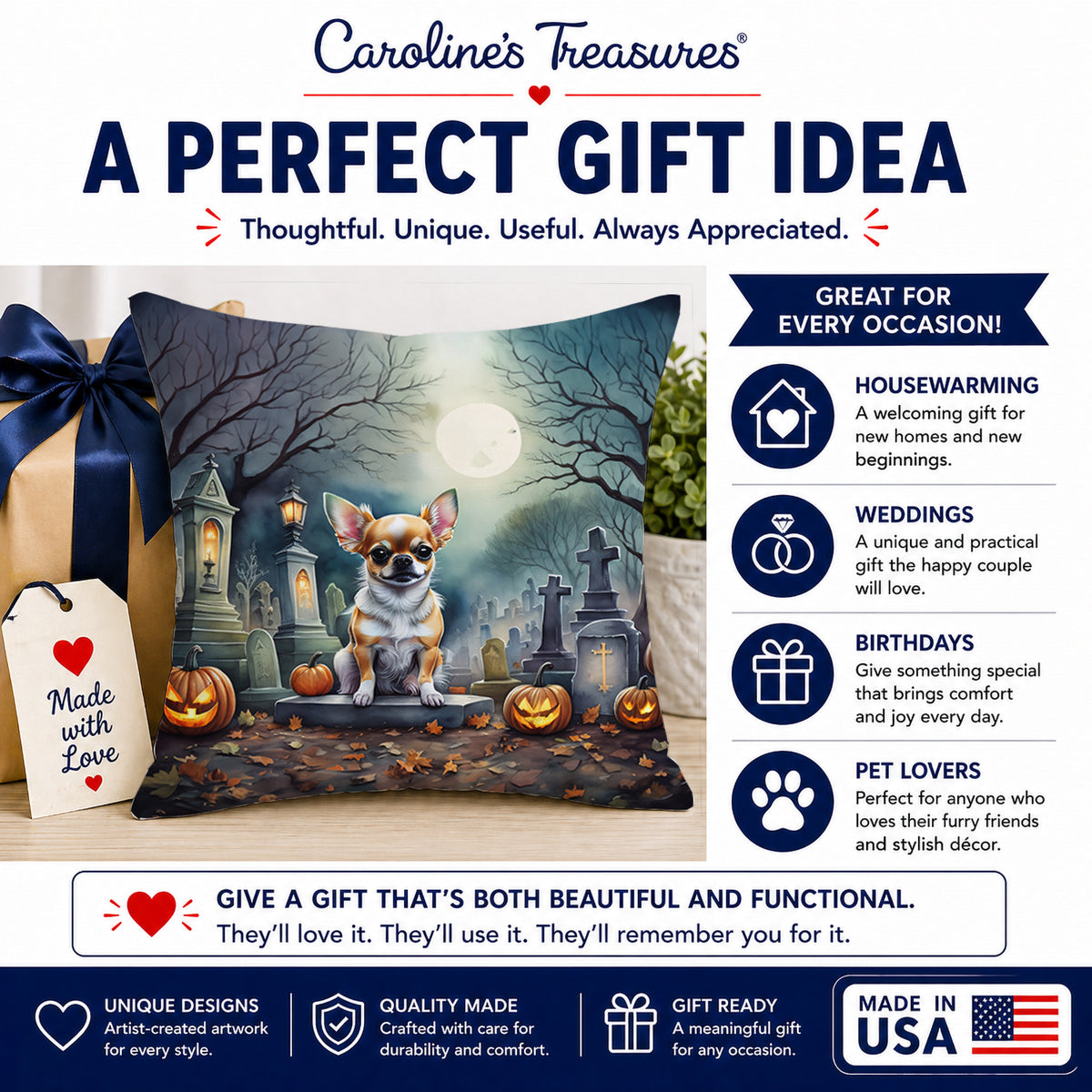 Caroline's Treasures DAC2031PW1818 Chihuahua Spooky Halloween Fabric Decorative Pillow Machine Washable, Indoor Outdoor Decorative Pillow for Couch, Bed or Patio, 18Hx18W