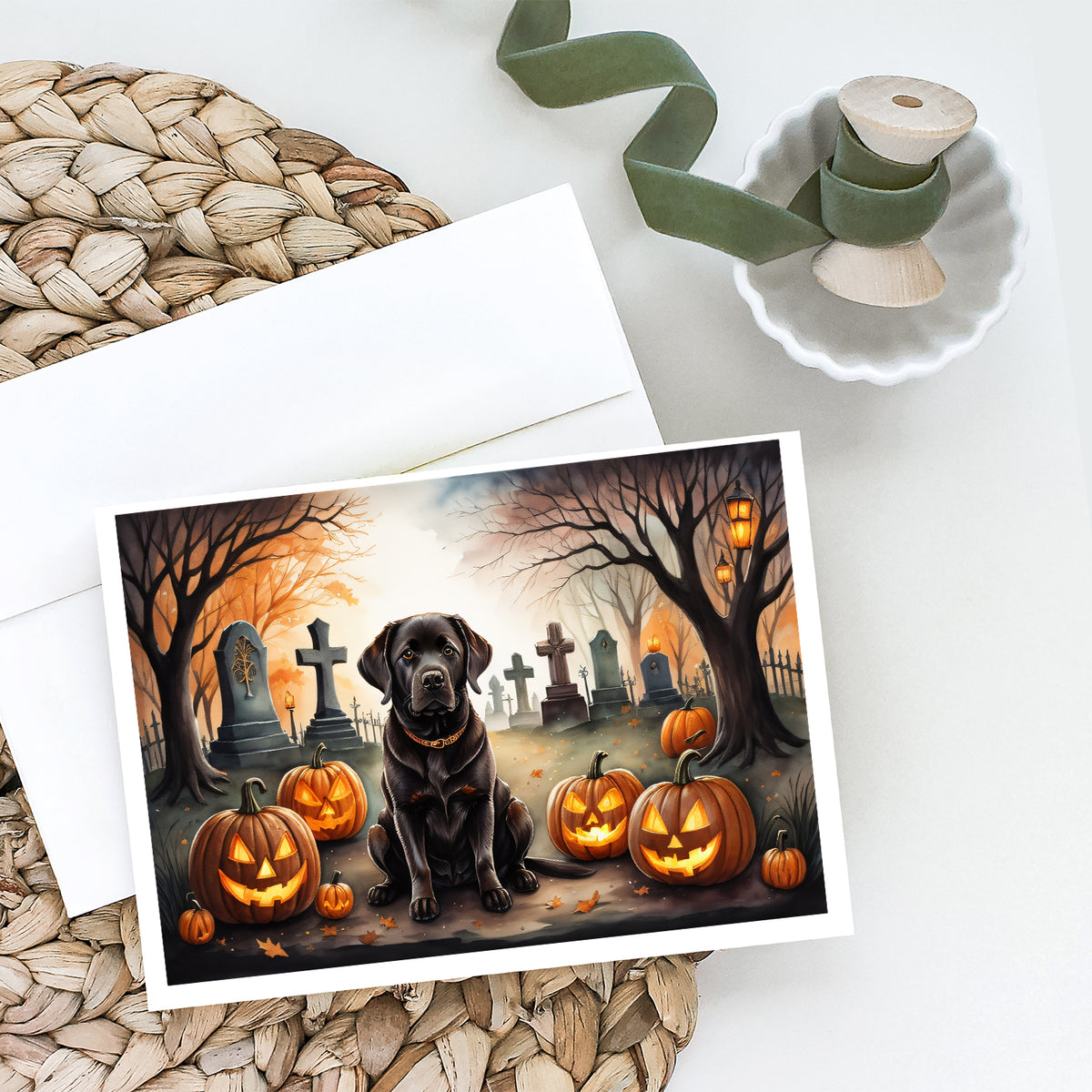 Caroline's Treasures DAC2032GCA7P Chocolate Labrador Retriever Spooky Halloween Greeting Cards and Envelopes Pack of 8 Blank Cards with Envelopes Whimsical A7 Size 5x7 Blank Greeting Cards