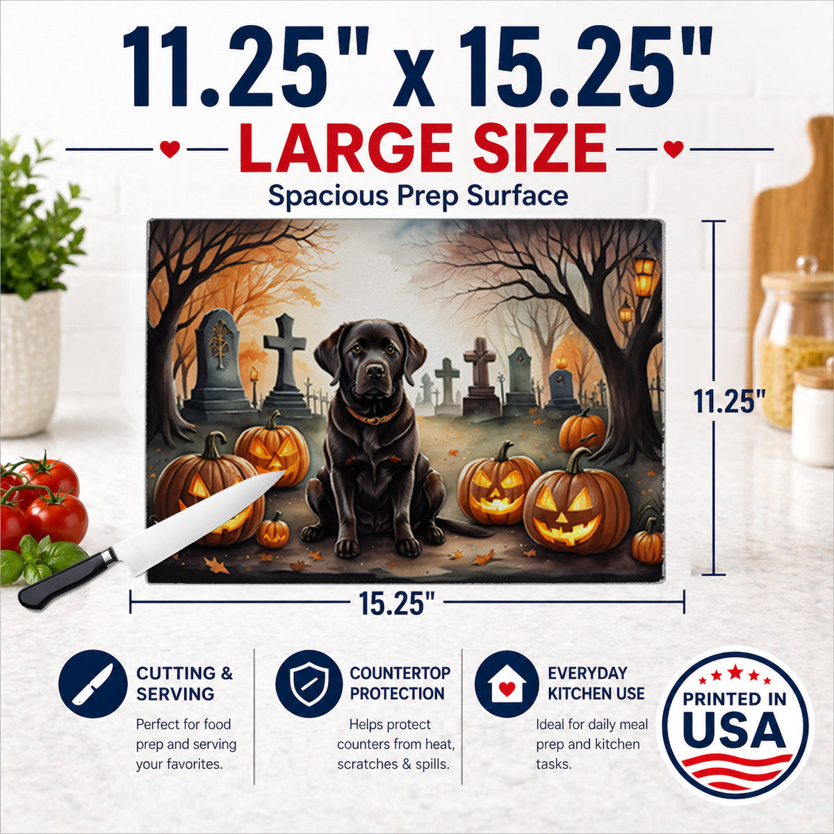 Caroline's Treasures DAC2032LCB Chocolate Labrador Retriever Spooky Halloween Glass Cutting Board Large Decorative Tempered Glass Kitchen Cutting and Serving Board Large Size Chopping Board