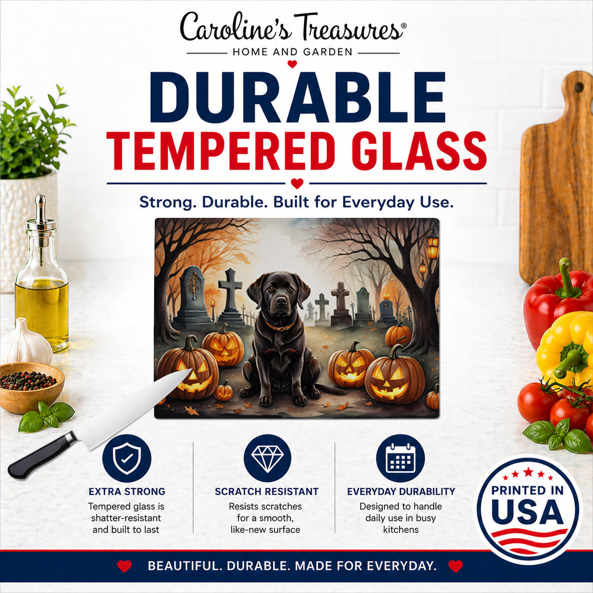 Caroline's Treasures DAC2032LCB Chocolate Labrador Retriever Spooky Halloween Glass Cutting Board Large Decorative Tempered Glass Kitchen Cutting and Serving Board Large Size Chopping Board