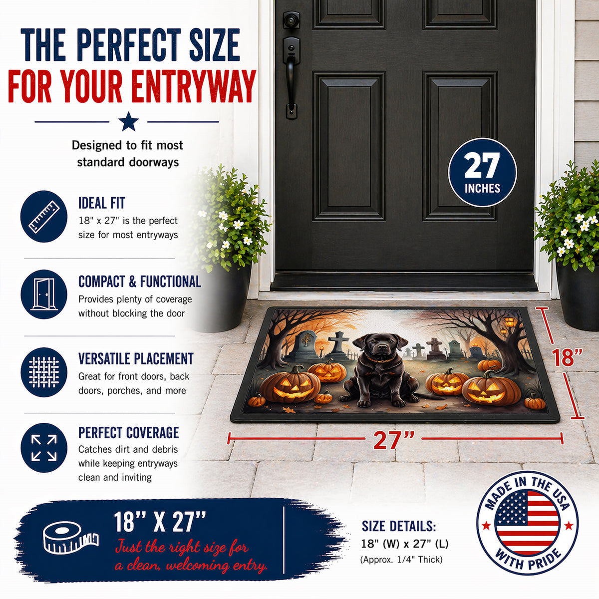 Caroline's Treasures DAC2032MAT Chocolate Labrador Retriever Spooky Halloween Doormat 18x27 Front Door Mat Indoor Outdoor Rugs for Entryway, Non Slip Washable Low Pile, 18H X 27W