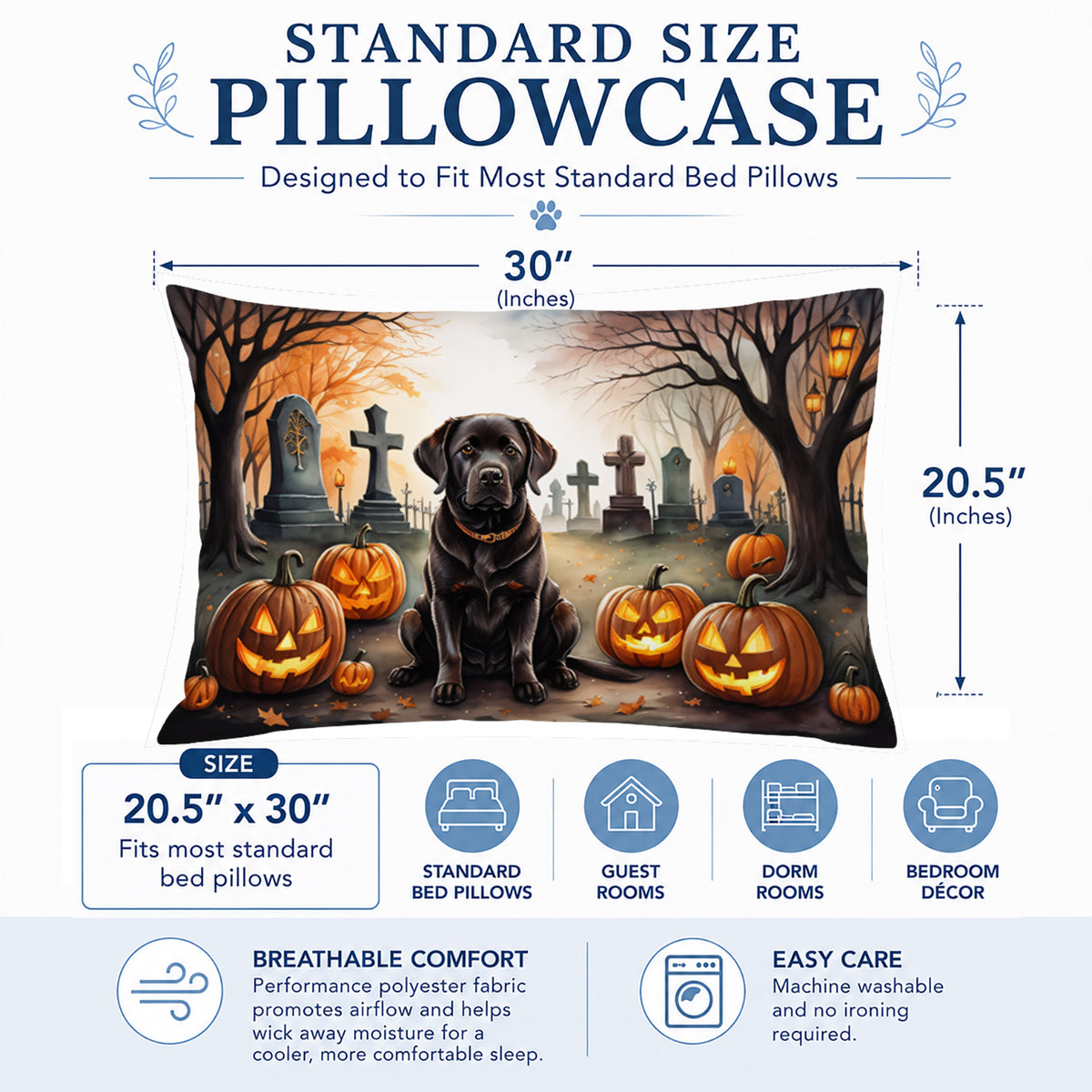Caroline's Treasures DAC2032PILLOWCASE Chocolate Labrador Retriever Spooky Halloween Fabric Standard Pillowcase Lightweight Super Soft Easy Care Decorative Artwork Pillowcase, Standard