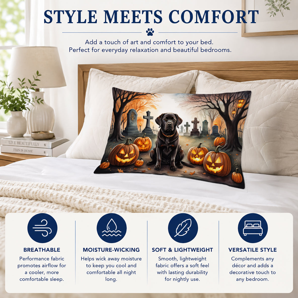 Caroline's Treasures DAC2032PILLOWCASE Chocolate Labrador Retriever Spooky Halloween Fabric Standard Pillowcase Lightweight Super Soft Easy Care Decorative Artwork Pillowcase, Standard