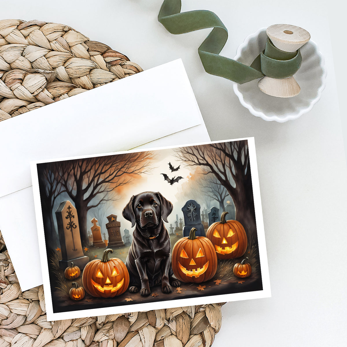 Caroline's Treasures DAC2033GCA7P Chocolate Labrador Retriever Spooky Halloween Greeting Cards and Envelopes Pack of 8 Blank Cards with Envelopes Whimsical A7 Size 5x7 Blank Greeting Cards