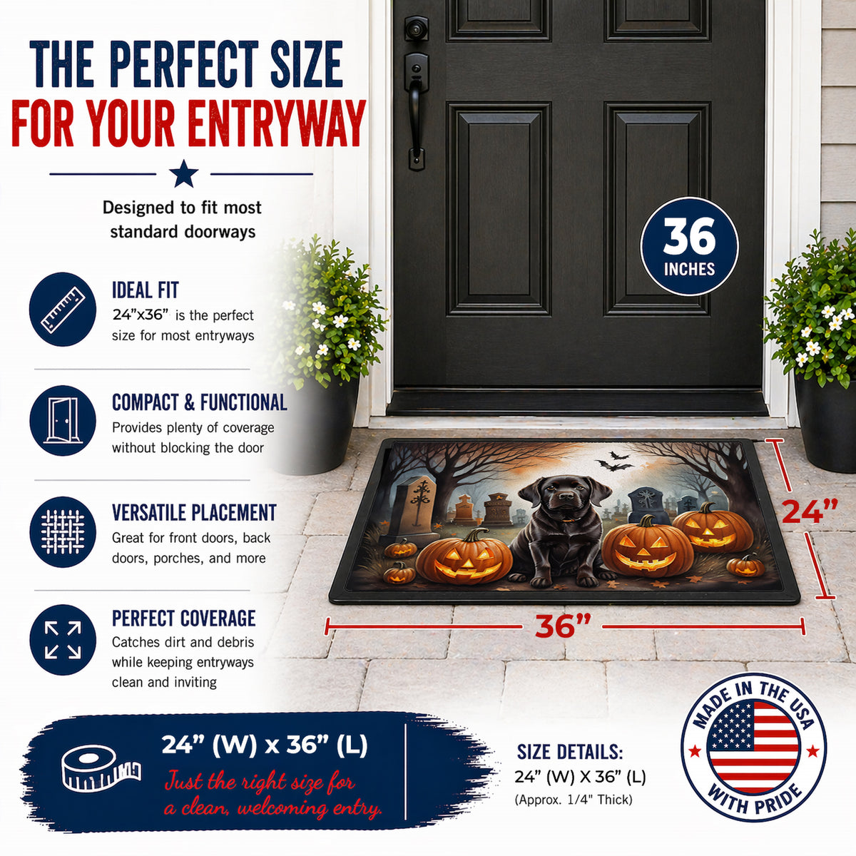 Caroline's Treasures DAC2033JMAT Chocolate Labrador Retriever Spooky Halloween Indoor or Outdoor Mat 24x36 Front Door Mat Indoor Outdoor Rugs for Entryway, Non Slip Washable Low Pile, 24H X 36W