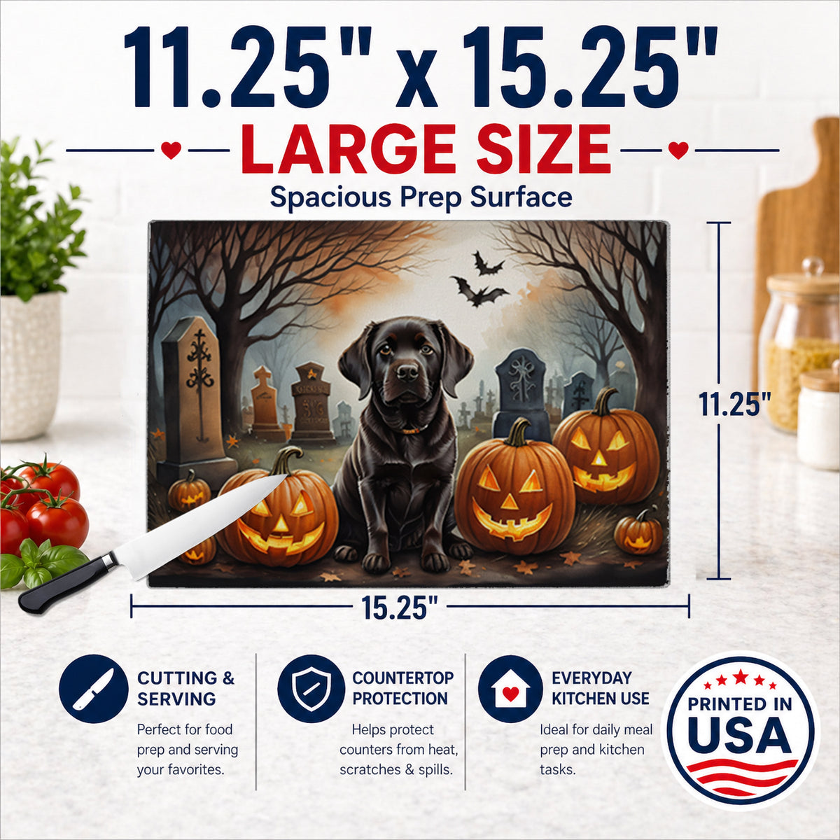Caroline's Treasures DAC2033LCB Chocolate Labrador Retriever Spooky Halloween Glass Cutting Board Large Decorative Tempered Glass Kitchen Cutting and Serving Board Large Size Chopping Board
