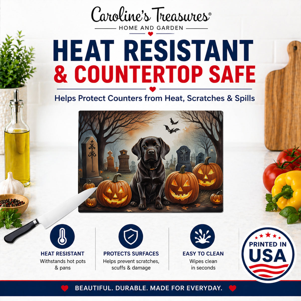 Caroline's Treasures DAC2033LCB Chocolate Labrador Retriever Spooky Halloween Glass Cutting Board Large Decorative Tempered Glass Kitchen Cutting and Serving Board Large Size Chopping Board