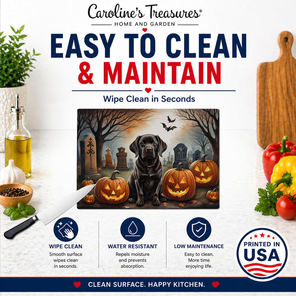 Caroline's Treasures DAC2033LCB Chocolate Labrador Retriever Spooky Halloween Glass Cutting Board Large Decorative Tempered Glass Kitchen Cutting and Serving Board Large Size Chopping Board