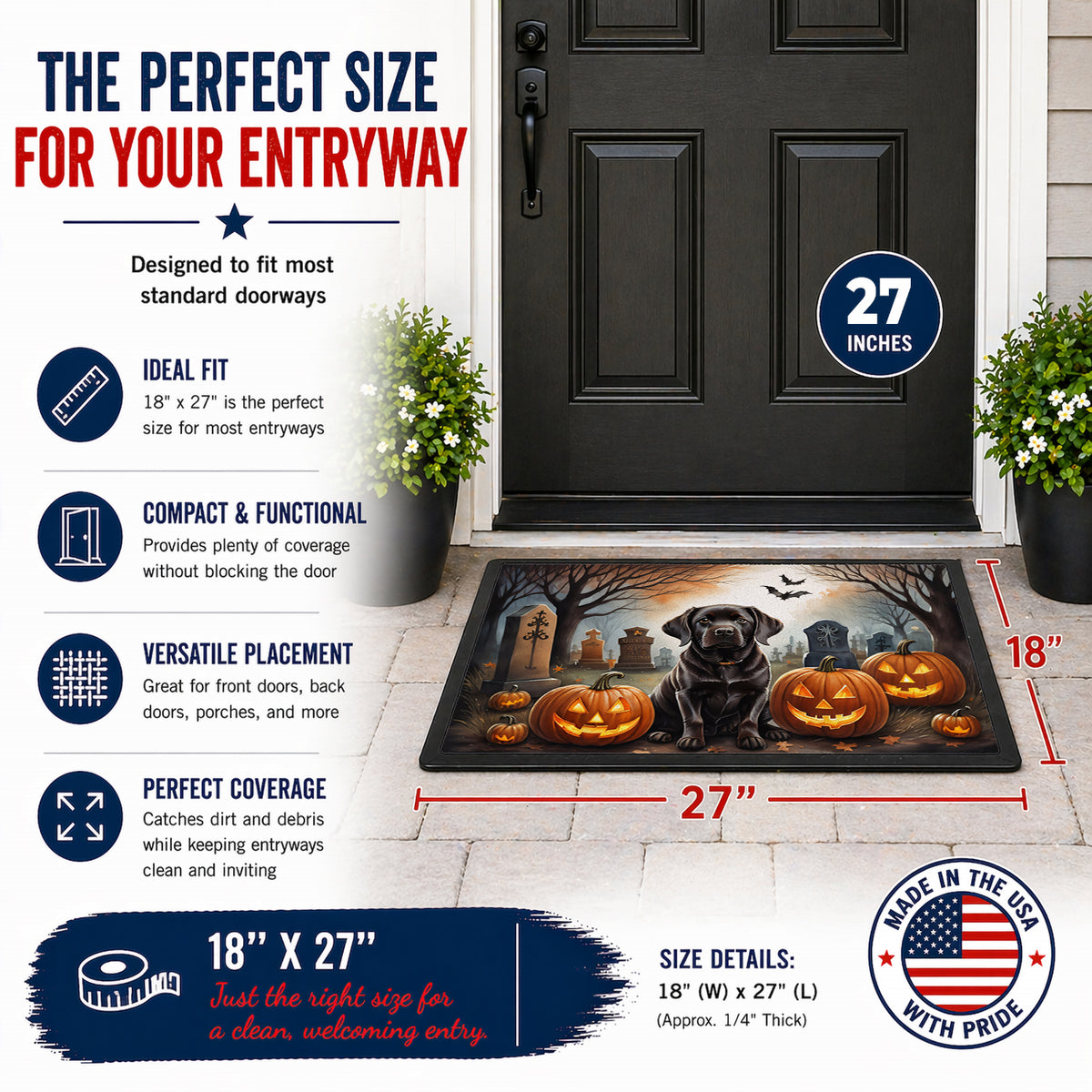 Caroline's Treasures DAC2033MAT Chocolate Labrador Retriever Spooky Halloween Doormat 18x27 Front Door Mat Indoor Outdoor Rugs for Entryway, Non Slip Washable Low Pile, 18H X 27W
