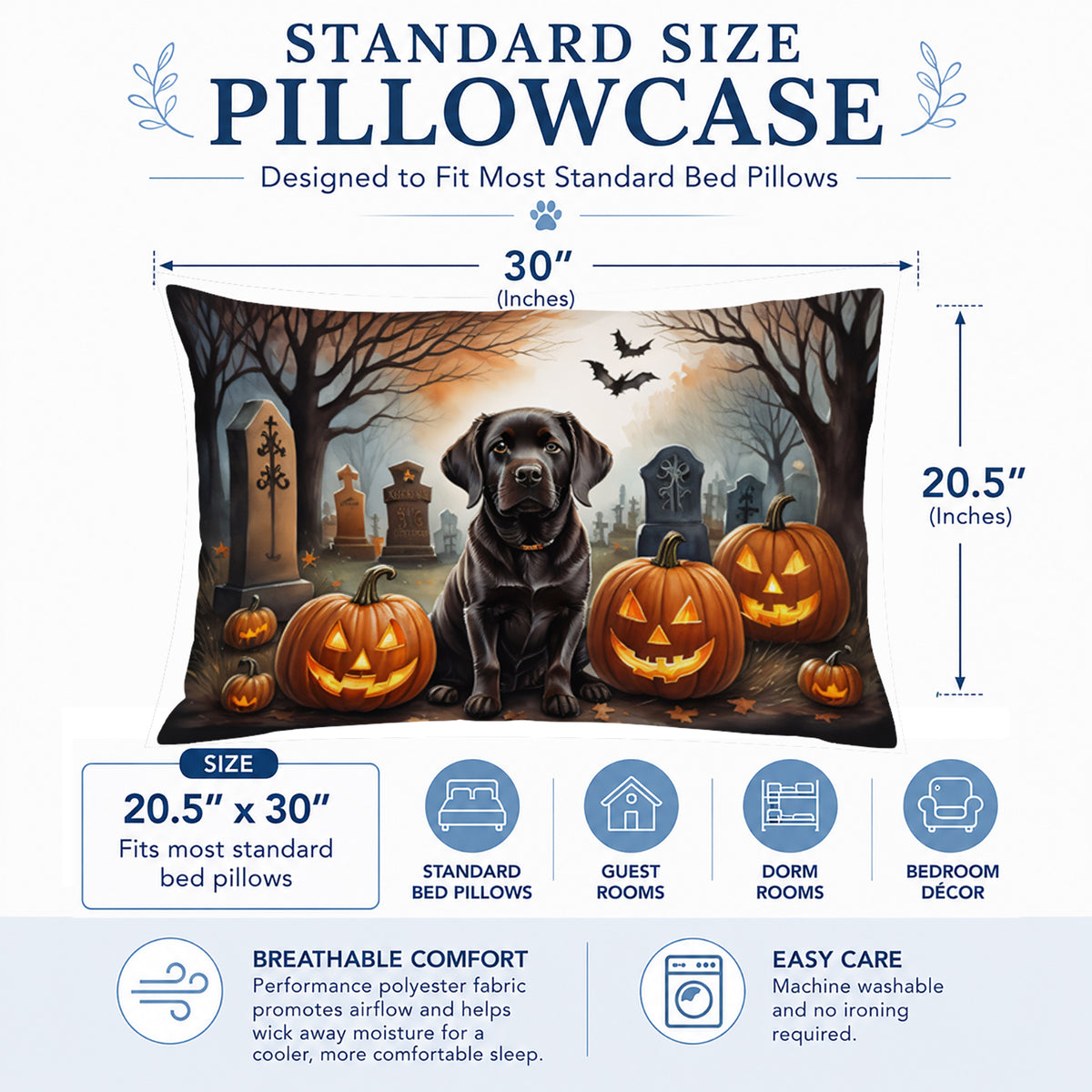 Caroline's Treasures DAC2033PILLOWCASE Chocolate Labrador Retriever Spooky Halloween Fabric Standard Pillowcase Lightweight Super Soft Easy Care Decorative Artwork Pillowcase, Standard